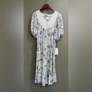 Lucky Brand Puff Dolman Sleeve Boho Floral Midi Dress Ruffle Hem Sz L NWT